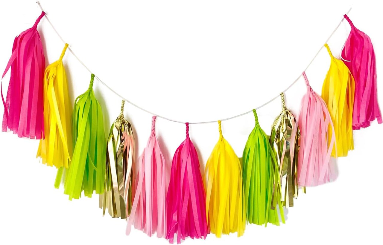 25PCS Tropical Pool Beach Party Decorations Paper Streamers Tassel Garland Pink Yellow Green Bachelorette Summer Baby Shower Birthday Flamingo Hawaiian Party Supplies